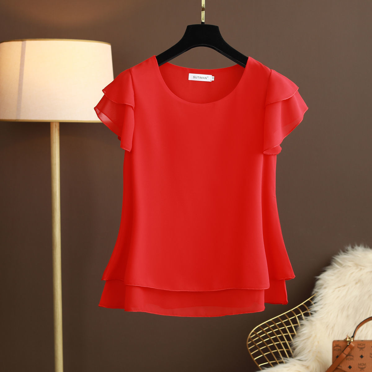 New Summer Women Blouse Loose O-Neck Chiffon Shirt Female Short Sleeve