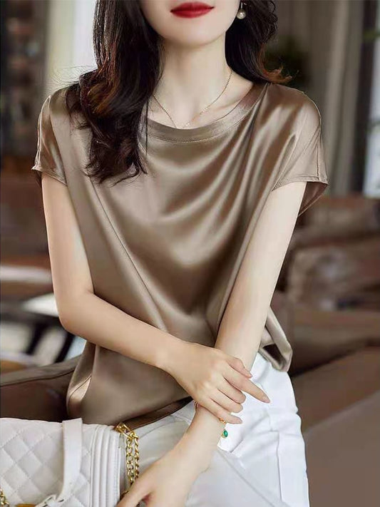 Silk Thin Short Sleeve Tees Korean Style Slip Woman Summer Clothes Elegant Black Brown Tops Solid Loose Casual Plus Size 4XL