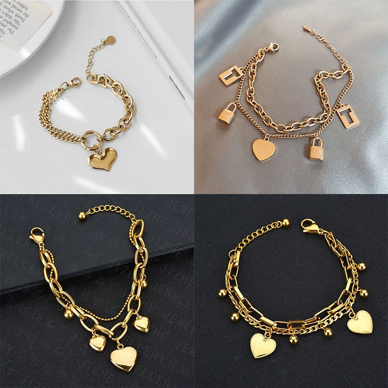 Two Color Multi-style Heart Bracelets Double Layer Bracelets For Women 2021 New Gift Fashion Jewelry