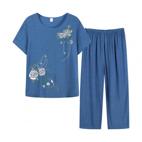 Summer Women Homewear Set Short Sleeve Floral Print T-shirt Pants