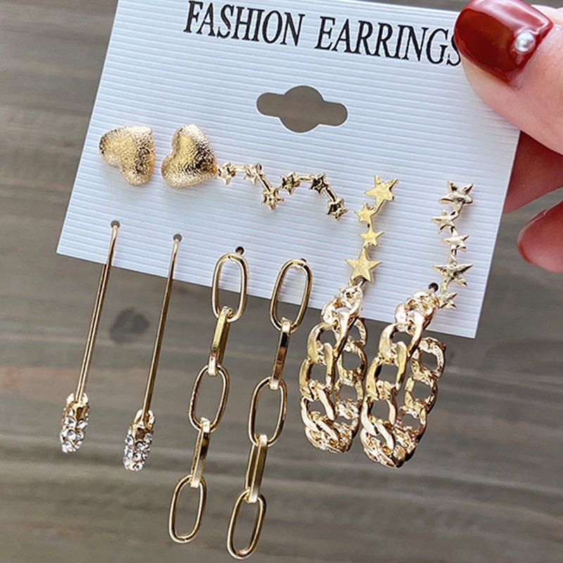 Fashion Pearl Hoop Earrings Set For Women Geometirc Gold Metal