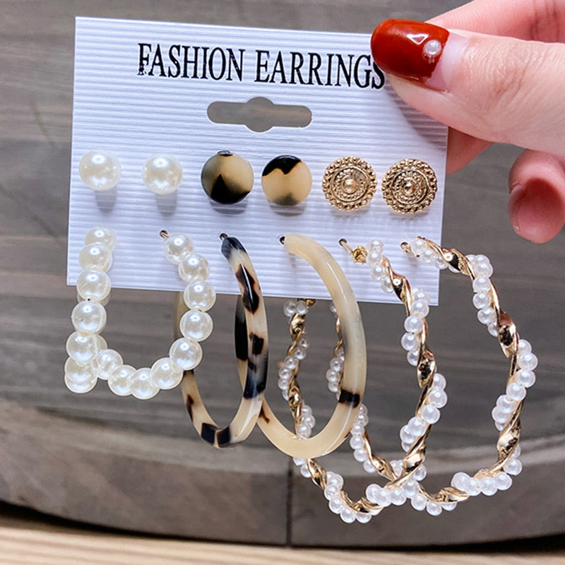 Fashion Pearl Hoop Earrings Set For Women Geometirc Gold Metal