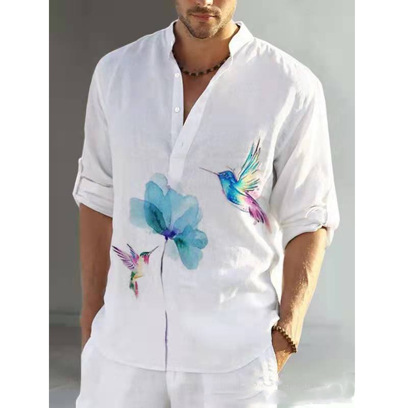 Men Casual Blouse Cotton Linen T-Shirt Long Sleeve Print Spring Autumn