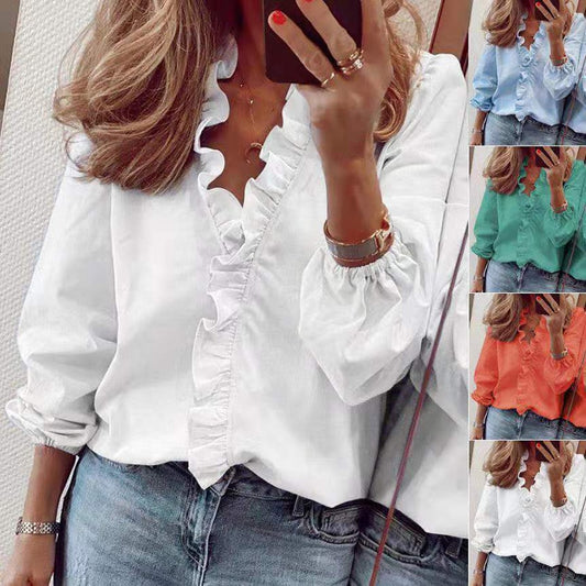 PlusSister 2022 Spring Elegant Ruffles Women Shirt Blouses Casual V Neck Long