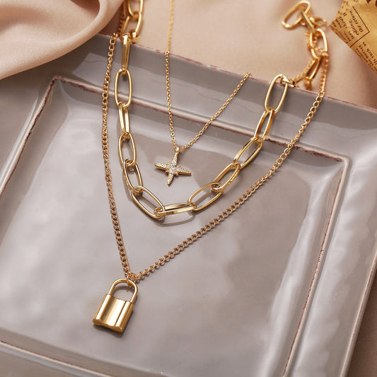 Thick Chain Creative Key Geometric Pendant Multilayer Clavicle Chain Inlaid Zircon Female Jewelry