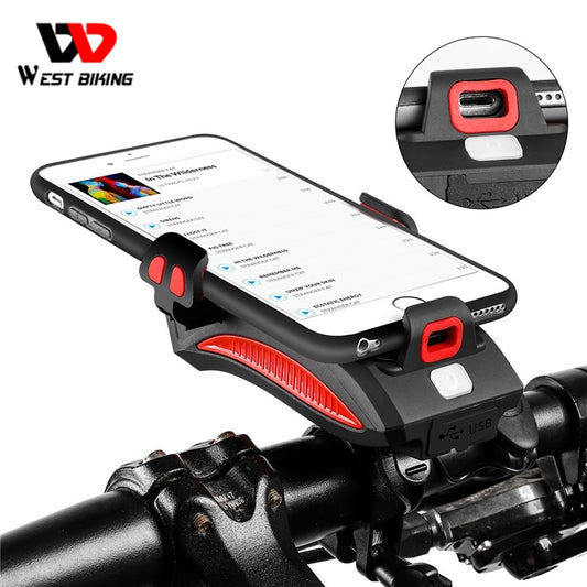 WEST BIKING 4 In 1 Multifunction Bike Light USB Charging 400 Lumens Bicycle Front Light Horn Phone Holder Power Bank Flashlight