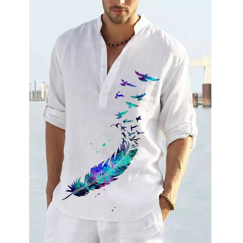 Men Casual Blouse Cotton Linen T-Shirt Long Sleeve Print Spring Autumn