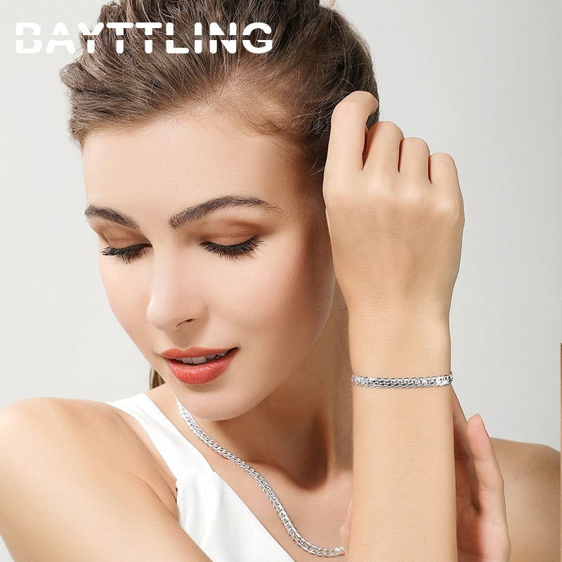 BAYTTLING 925 Sterling Silver Necklace & Bracelet Set – 5MM Full Sideways Chain