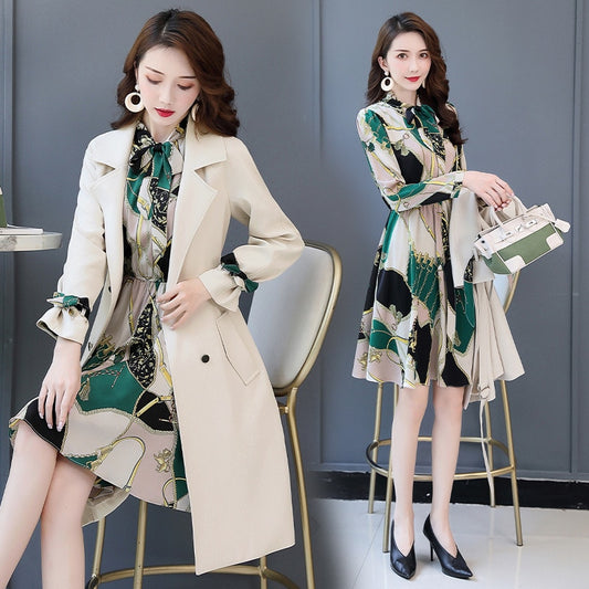 Women Knee Length Dress Suits Sashes Double Breasted Blazer Long Sleeve Dresses Work Ladies Office Wear 2 Piece Set Green Suite