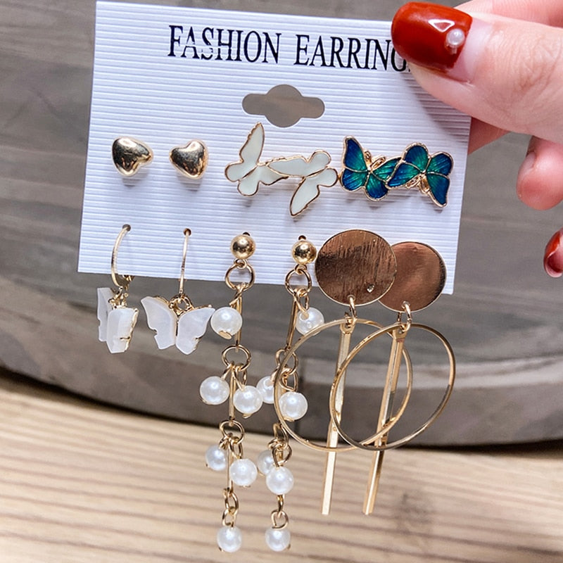 Fashion Pearl Hoop Earrings Set For Women Geometirc Gold Metal