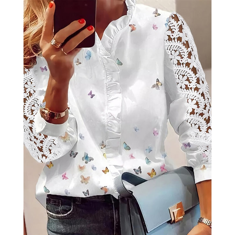 Women Elegant Fashion Butterfly Print Blouses Top Ruffled Trim