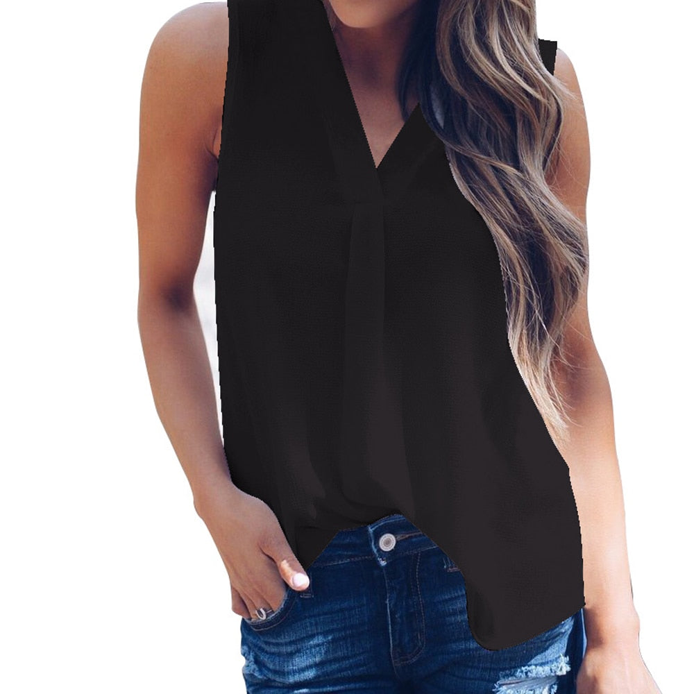 Fashion Women V Neck Chiffon Blouses Summer Top Sleeveless Shirt Casual T