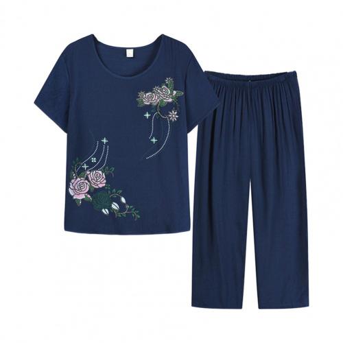 Summer Women Homewear Set Short Sleeve Floral Print T-shirt Pants