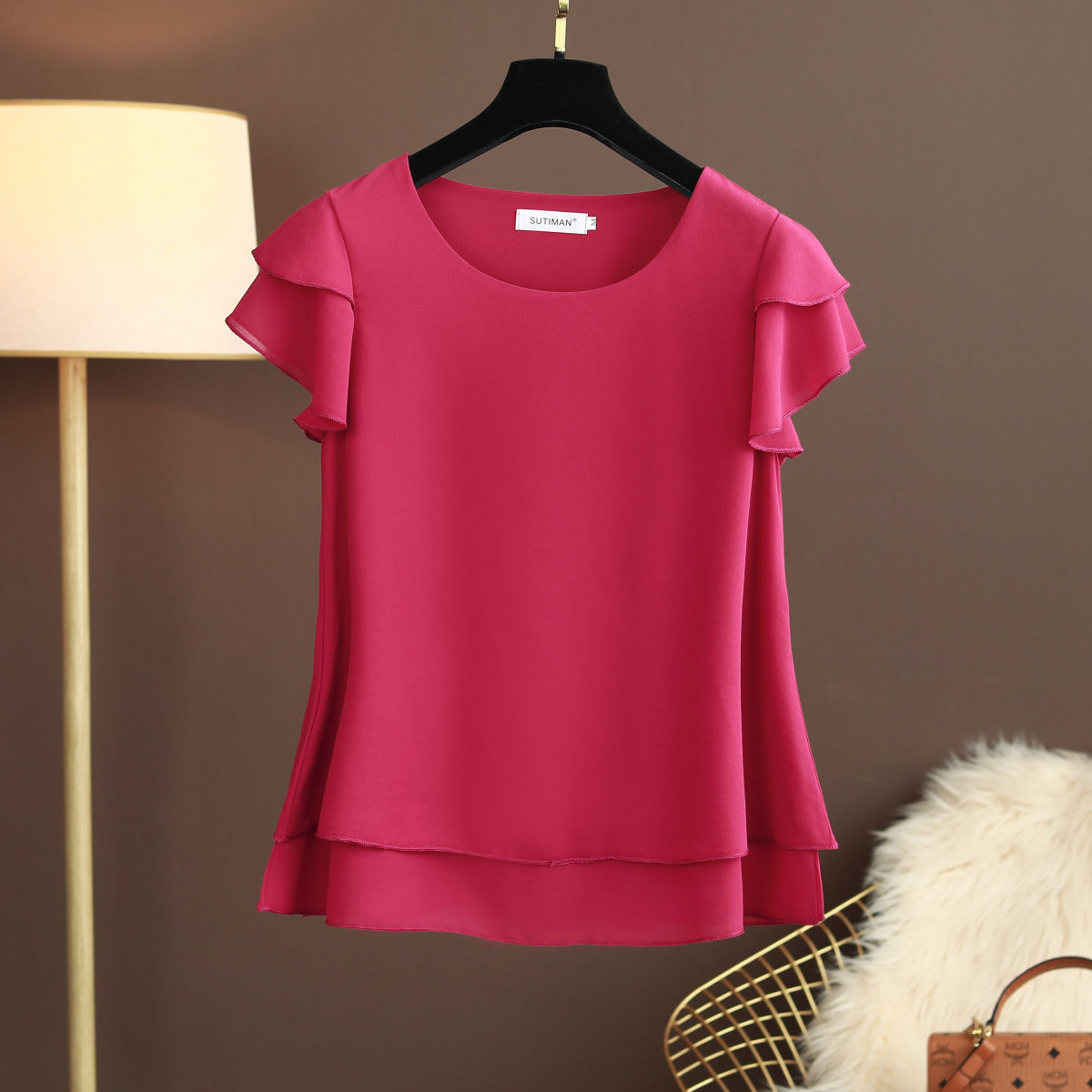 New Summer Women Blouse Loose O-Neck Chiffon Shirt Female Short Sleeve