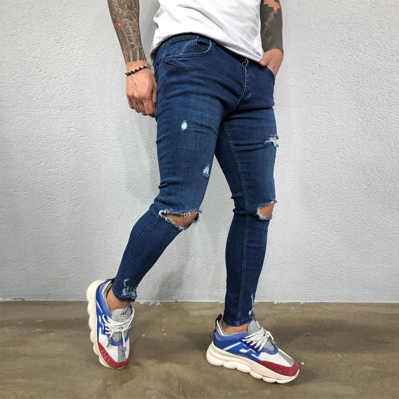 Men Jeans Knee Hole Ripped Stretch Skinny Denim Pants Solid Color Black Blue Autumn