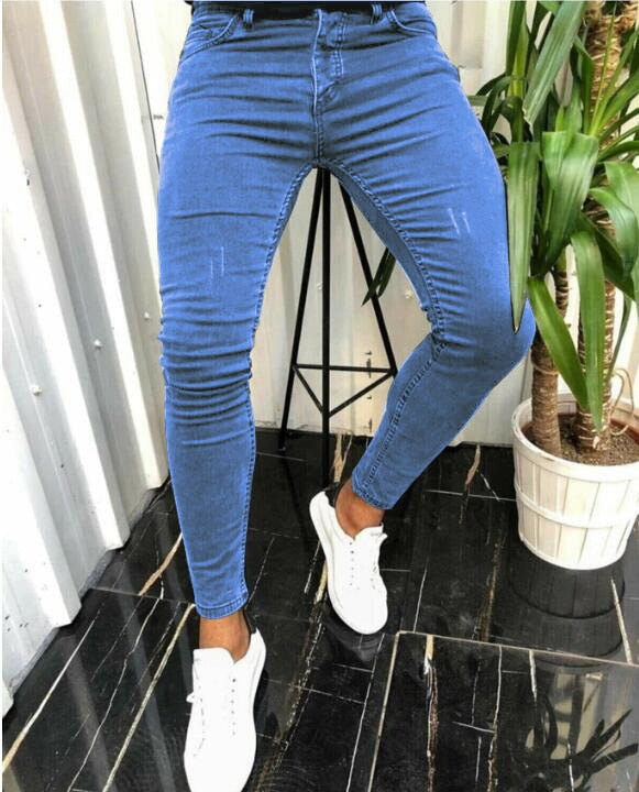 Men's Skinny Ripped jeans Slim scarification Blue Denim Pencil Pants