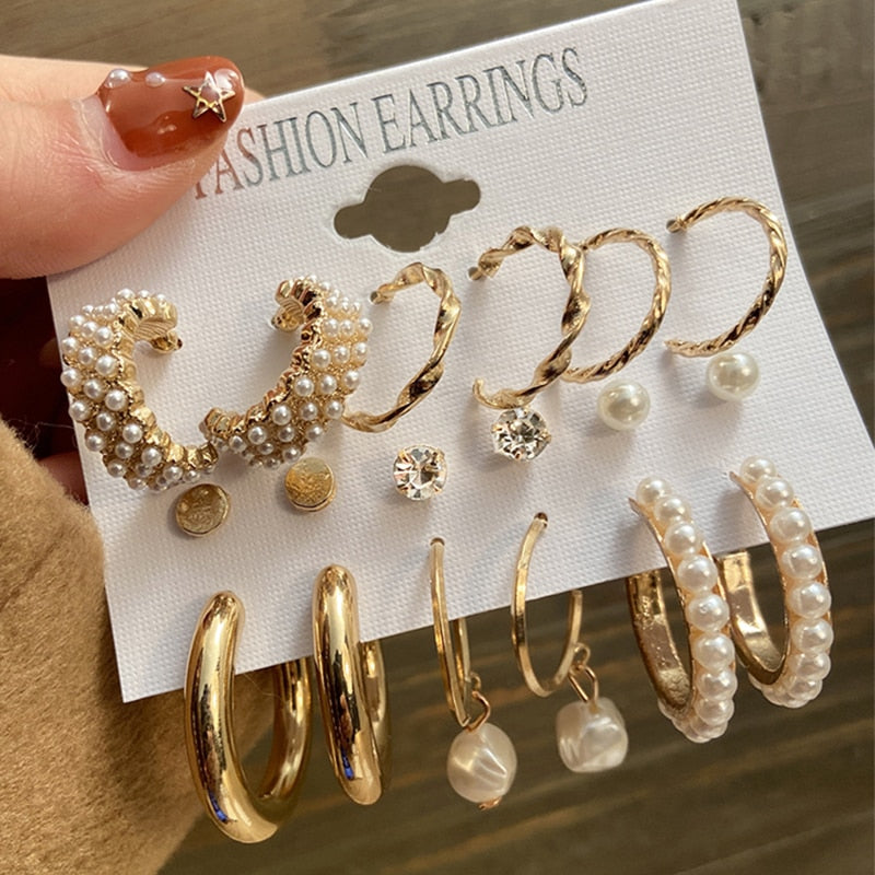 Fashion Pearl Hoop Earrings Set For Women Geometirc Gold Metal