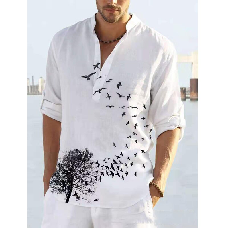 Men Casual Blouse Cotton Linen T-Shirt Long Sleeve Print Spring Autumn