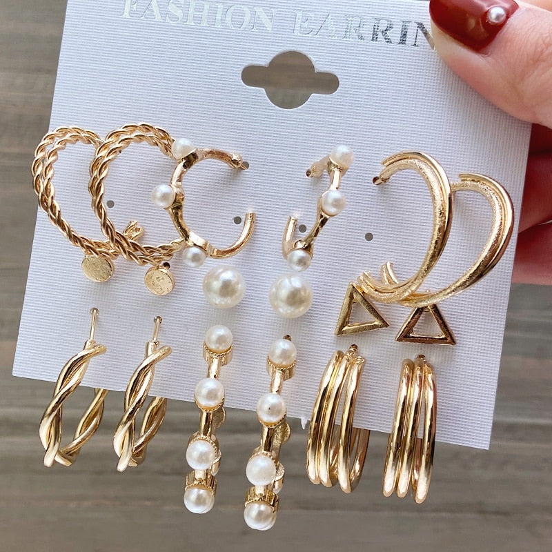 Fashion Pearl Hoop Earrings Set For Women Geometirc Gold Metal