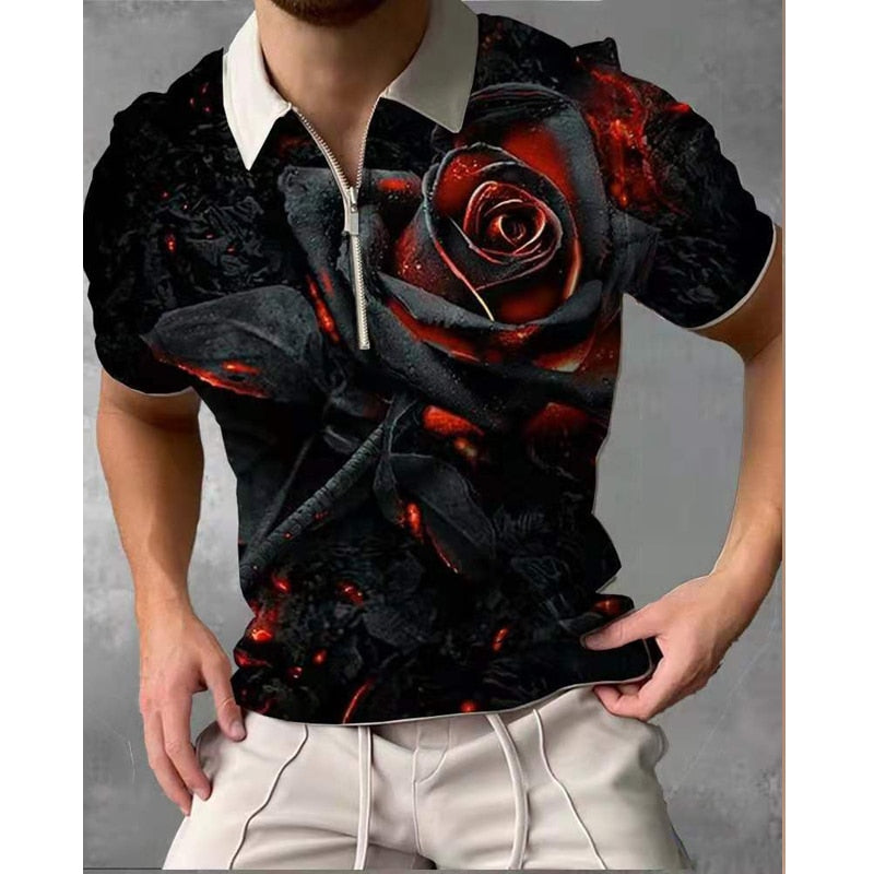 Summer Fashion Tops For Men Polo Shirt Floral Print Patchwork Short Sleeve Loose Casual