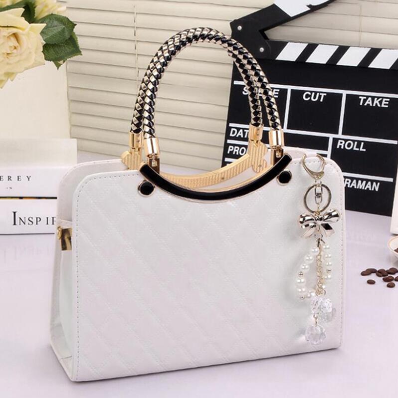 Women PU Handbag with Hanging Ornament Elegant Black Hard Design