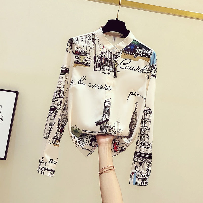 Vintage Print Shirt Women Long Sleeve Chiffon Blouse 2022 Spring