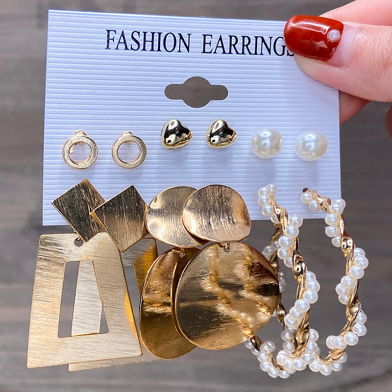 Fashion Pearl Hoop Earrings Set For Women Geometirc Gold Metal