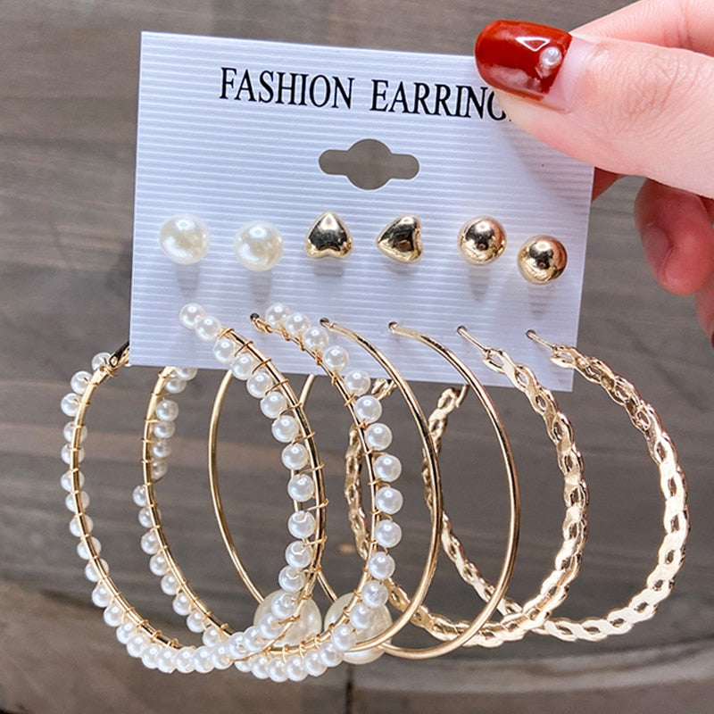 Fashion Pearl Hoop Earrings Set For Women Geometirc Gold Metal