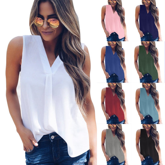 Fashion Women V Neck Chiffon Blouses Summer Top Sleeveless Shirt Casual T