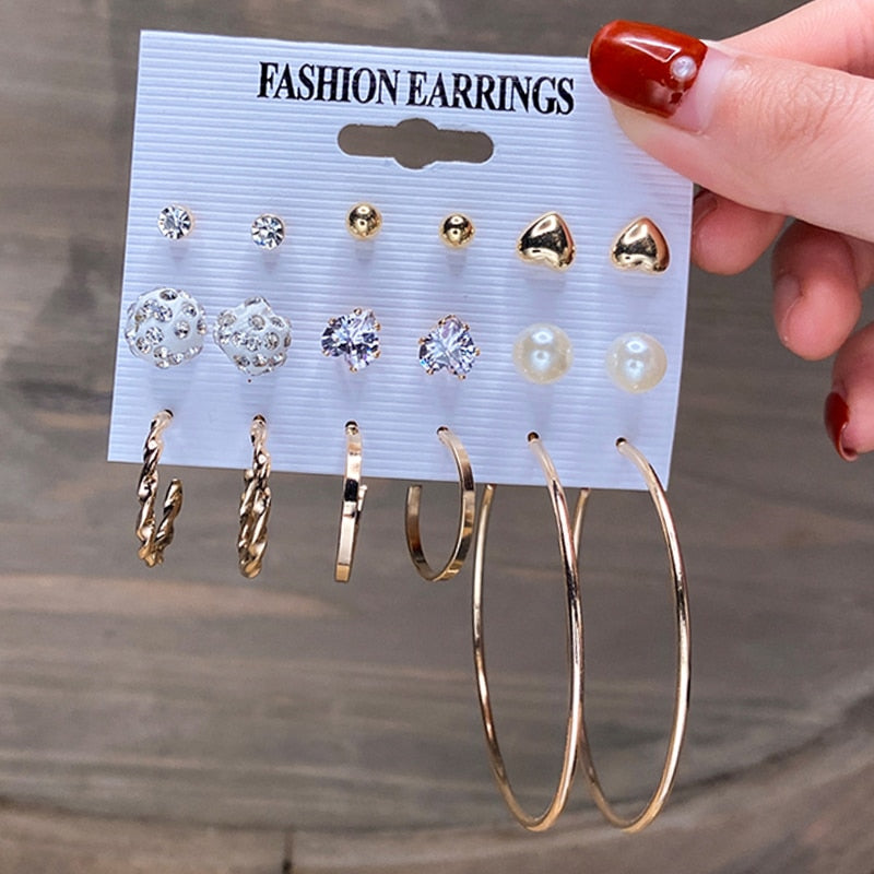 Fashion Pearl Hoop Earrings Set For Women Geometirc Gold Metal