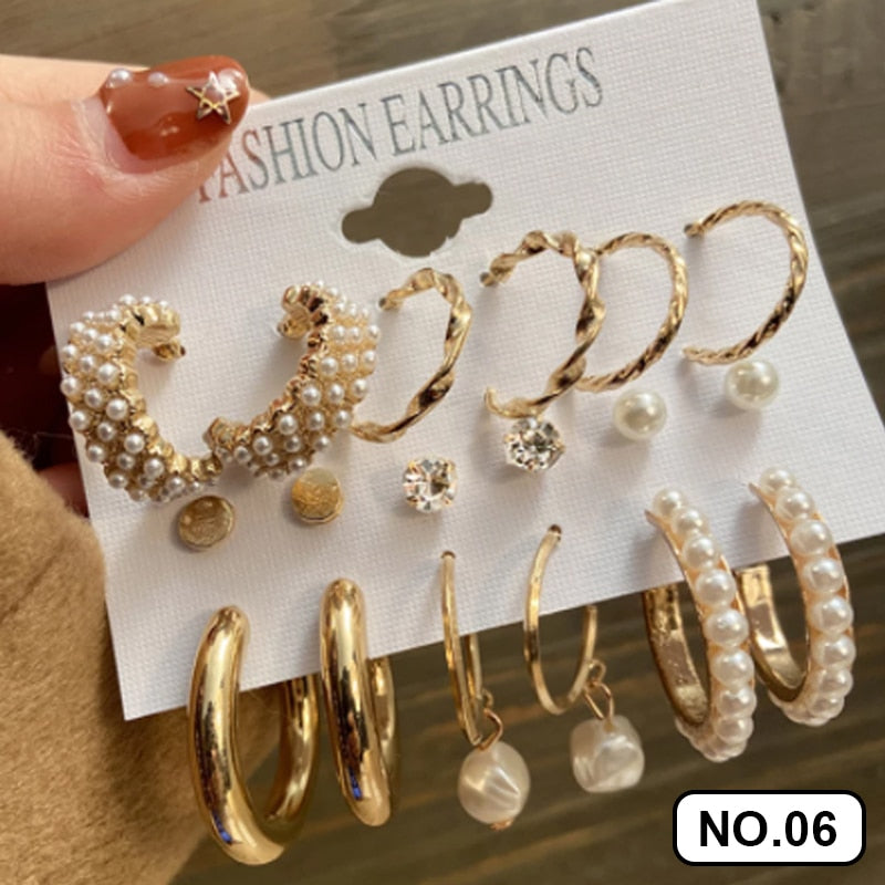 Fashion Pearl Hoop Earrings Set For Women Geometirc Gold Metal