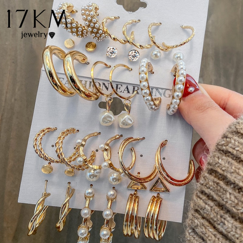 Fashion Pearl Hoop Earrings Set For Women Geometirc Gold Metal