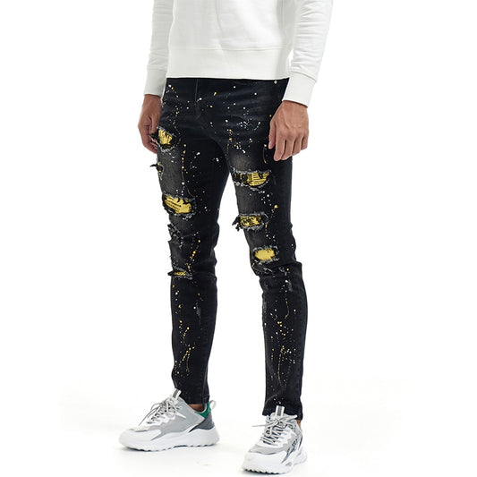 Patchwork Slim Ripped Denim Men Trousers Hip Hop Painting Man Teenager