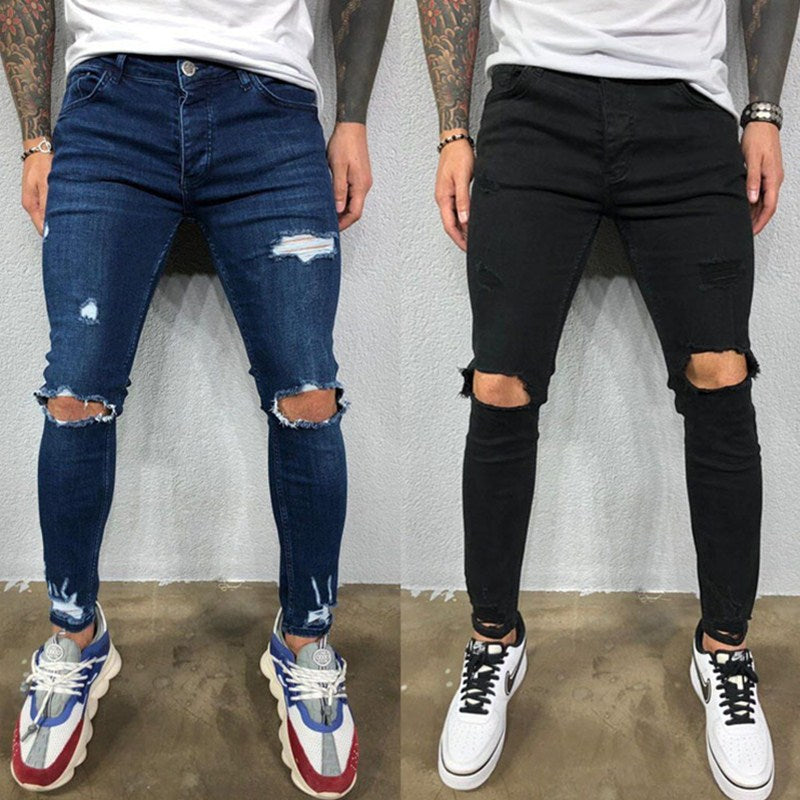 Men Jeans Knee Hole Ripped Stretch Skinny Denim Pants Solid Color Black Blue Autumn