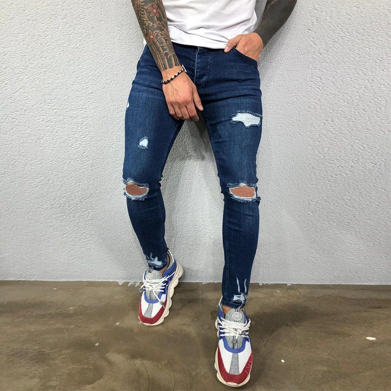 Men Jeans Knee Hole Ripped Stretch Skinny Denim Pants Solid Color Black Blue Autumn