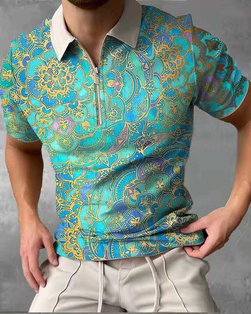 Summer Fashion Tops For Men Polo Shirt Floral Print Patchwork Short Sleeve Loose Casual