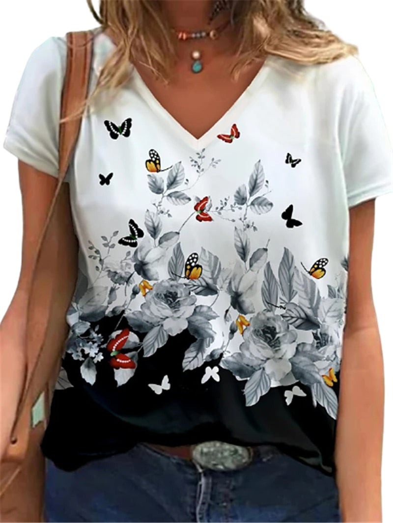 Women Fashion T-Shirts Summer Short Sleeve Casual Tops Butterfly High Street