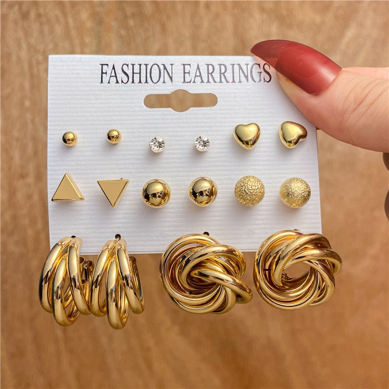 Fashion Pearl Hoop Earrings Set For Women Geometirc Gold Metal