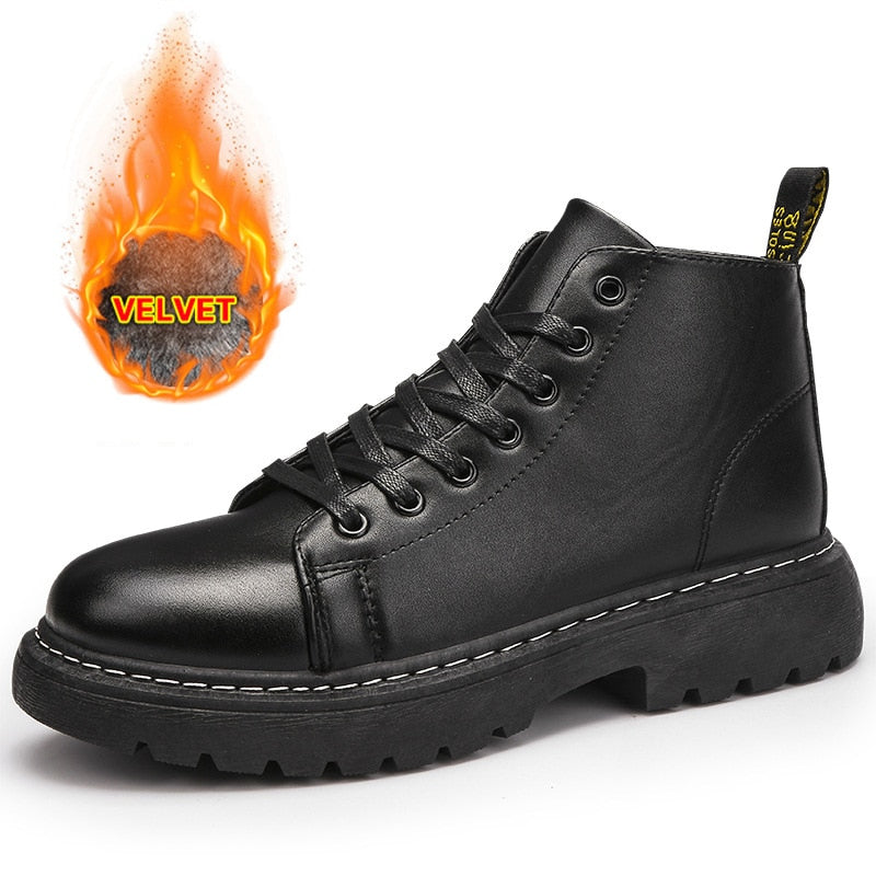 Men Shoes High-Top Martin Boots Black Leather Boots Plus Velvet Thick-Soled Non-Slip Boots Wear-Resistant Botas Hombre Botines