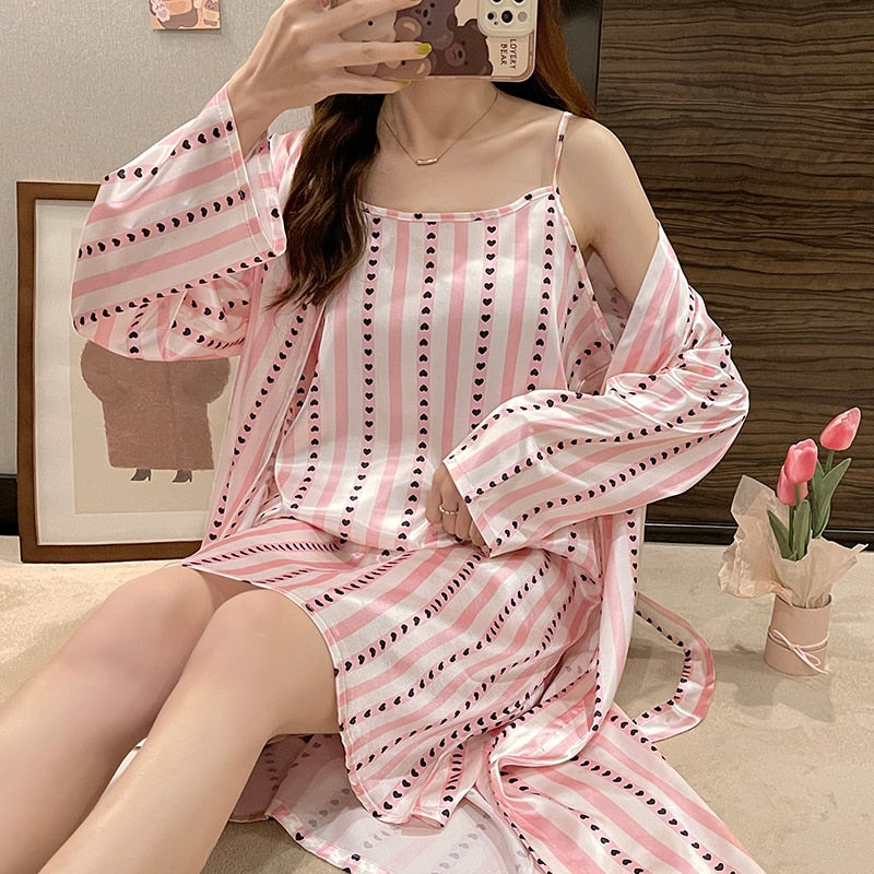 Pajamas women&#39;s suspenders printed chest pads 3-piece set 2022 new ins Korean version of the trend lace high-quality home wear