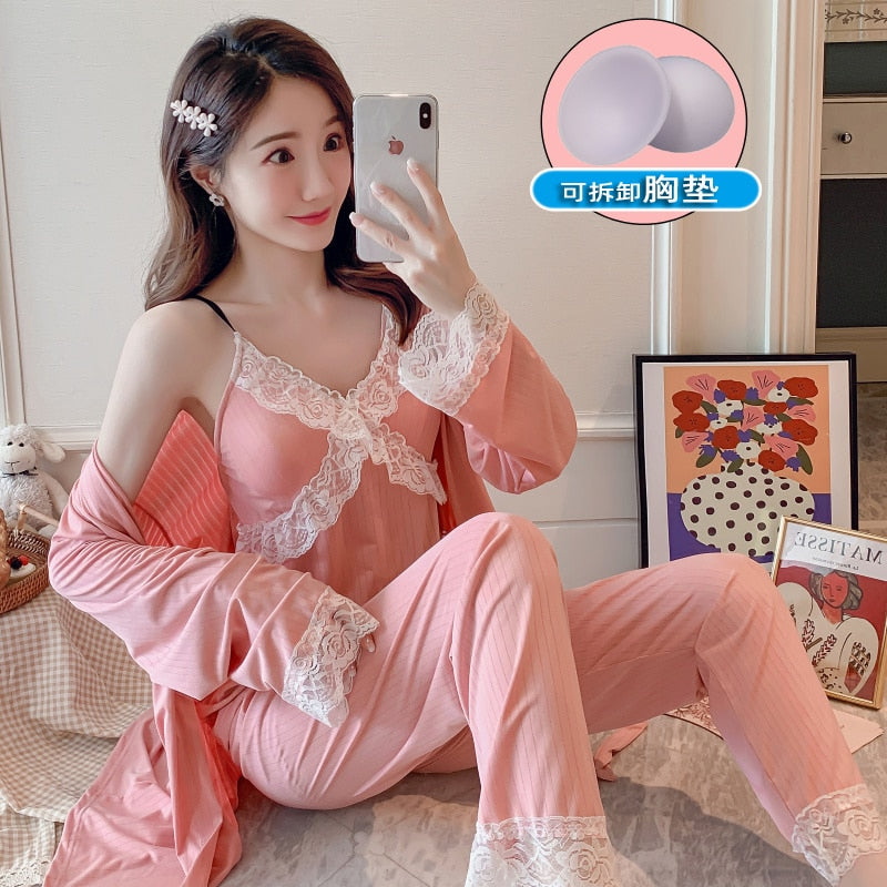 Pajamas women&#39;s suspenders printed chest pads 3-piece set 2022 new ins Korean version of the trend lace high-quality home wear