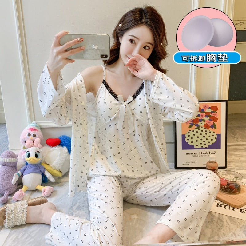 Pajamas women&#39;s suspenders printed chest pads 3-piece set 2022 new ins Korean version of the trend lace high-quality home wear