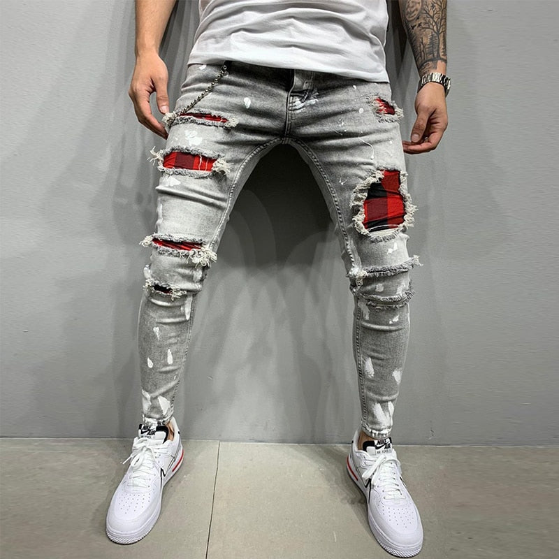 Men Jeans Knee Hole Ripped Stretch Skinny Denim Pants Solid Color Black Blue Autumn