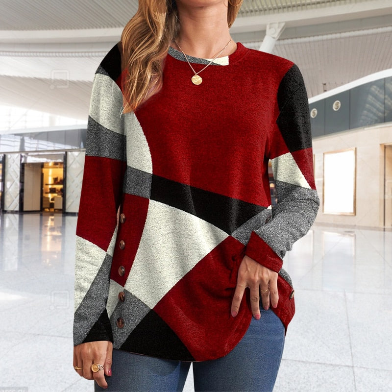 2025 Women’s Button Geometric Print Long Sleeve Loose T-Shirt