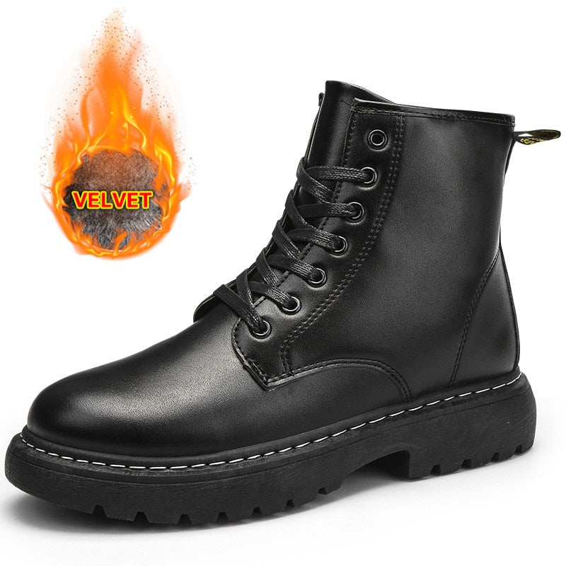 Men Shoes High-Top Martin Boots Black Leather Boots Plus Velvet Thick-Soled Non-Slip Boots Wear-Resistant Botas Hombre Botines