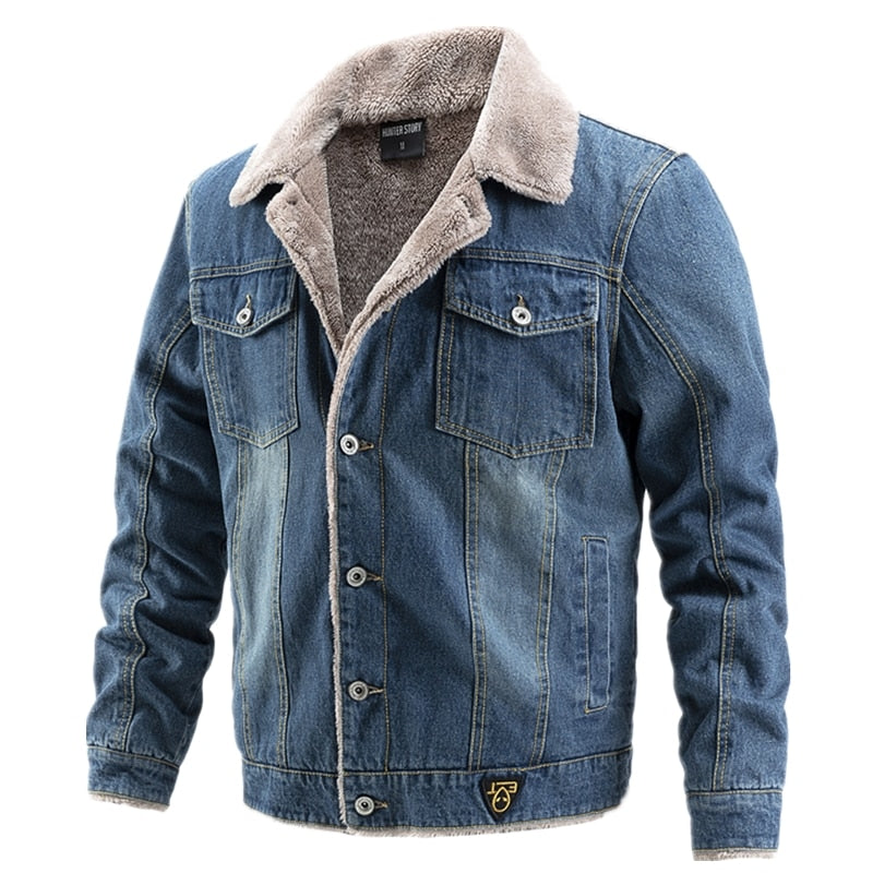 AIOPESON Plus Velvet Thick Denim Jacket Men Casual Lapel Cotton Jeans Jacket Men