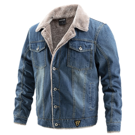 AIOPESON Men’s Plus Velvet Thick Denim Jacket – Casual Lapel Cotton Jeans Jacket