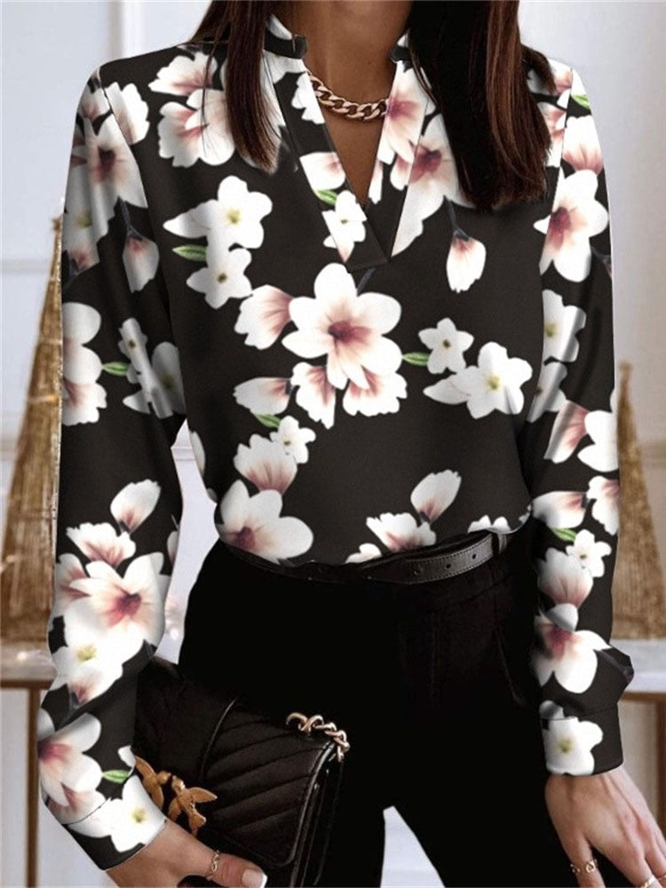 Women 2022 Spring Elegant V-Neck Blouse Popular Vintage Flowers Print Slim Shirt