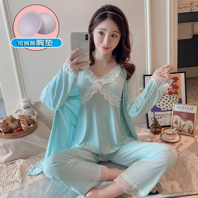 Pajamas women&#39;s suspenders printed chest pads 3-piece set 2022 new ins Korean version of the trend lace high-quality home wear