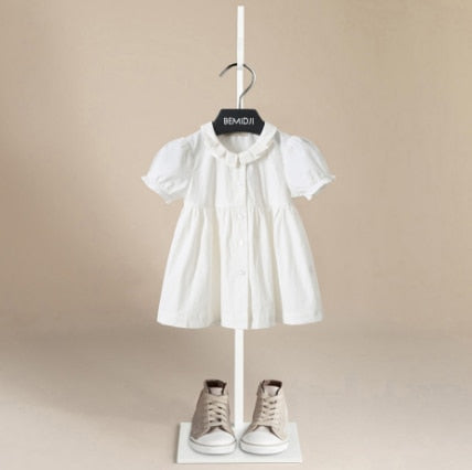 Summer Girls Dress White Doll Lapel Children&#39;s Dress Short-sleeved Cotton Children